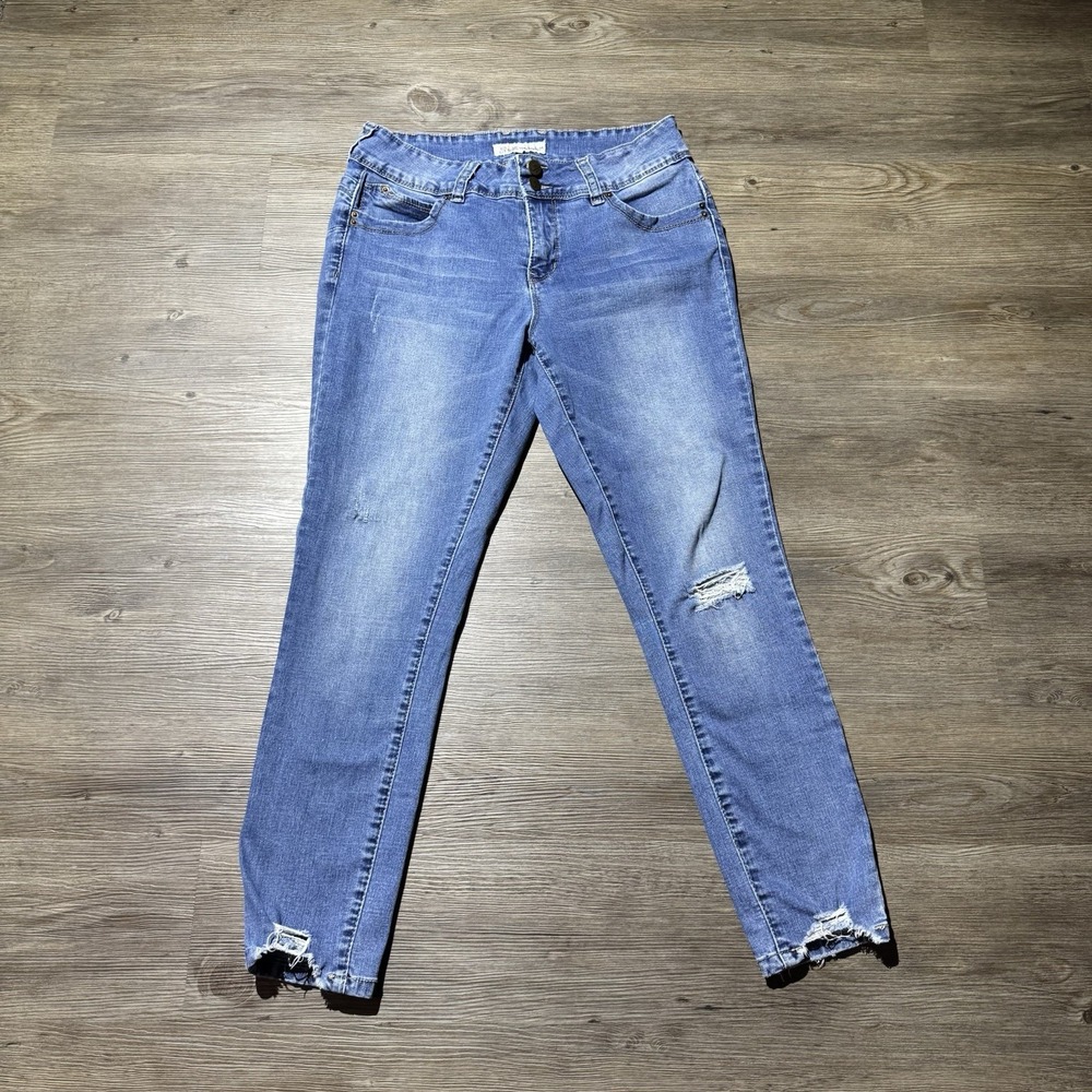 Royalty For Me Women Size 10 Skinny Jeans Blue Distressed Stretch Raw Hem
